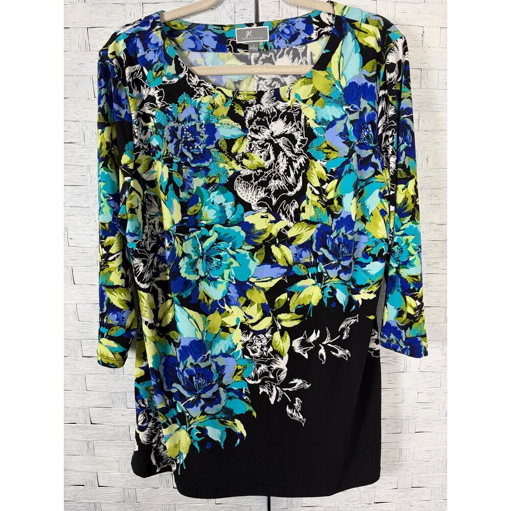 JM Collection women's blouse floral rhinestones embellished‎ eclectic grandma